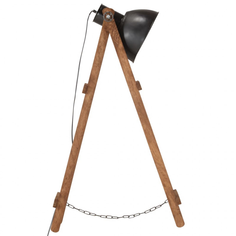 Lampa podłogowa, czarna, E27, lite drewno mango