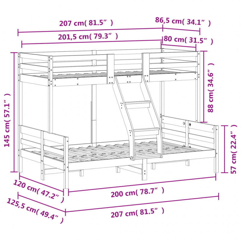 Łóżko piętrowe, 80x200/120x200 cm, lite drewno sosnowe