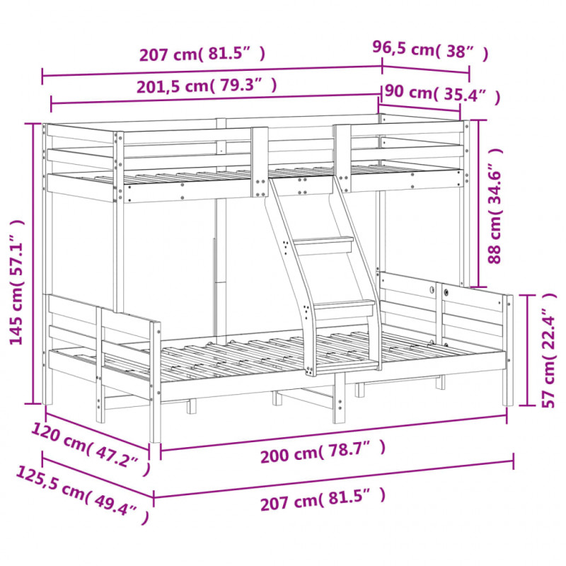 Łóżko piętrowe, 90x200/120x200 cm, lite drewno sosnowe