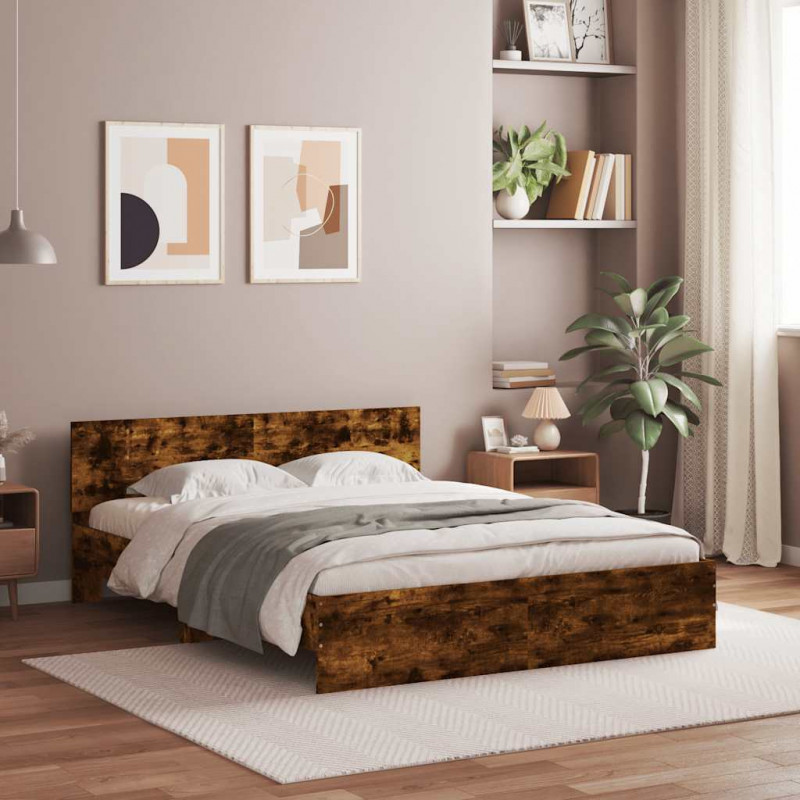 Rama łóżka z wezgłowiem i LED, przydymiony dąb, 150x200 cm