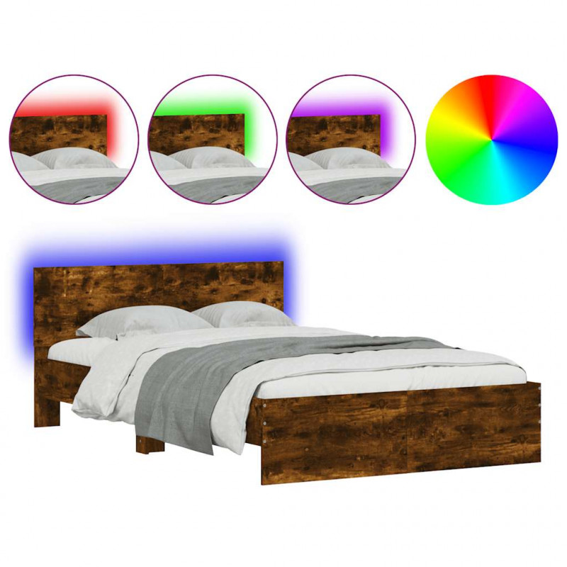 Rama łóżka z wezgłowiem i LED, przydymiony dąb, 140x190 cm