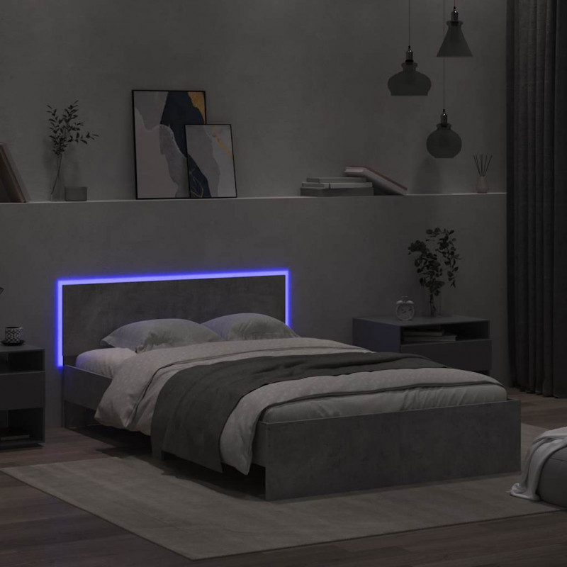 Rama łóżka z wezgłowiem i LED, szarość betonu, 135x190 cm