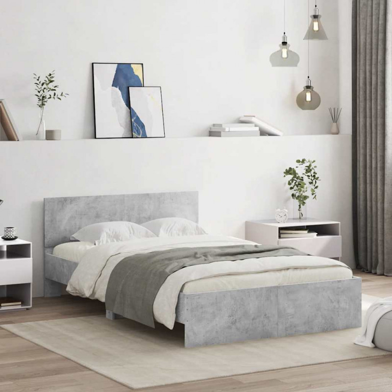 Rama łóżka z wezgłowiem i LED, szarość betonu, 135x190 cm