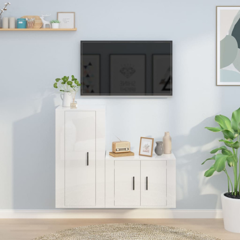 Zestaw 2 szafek TV, biały, połysk, materiał drewnopochodny