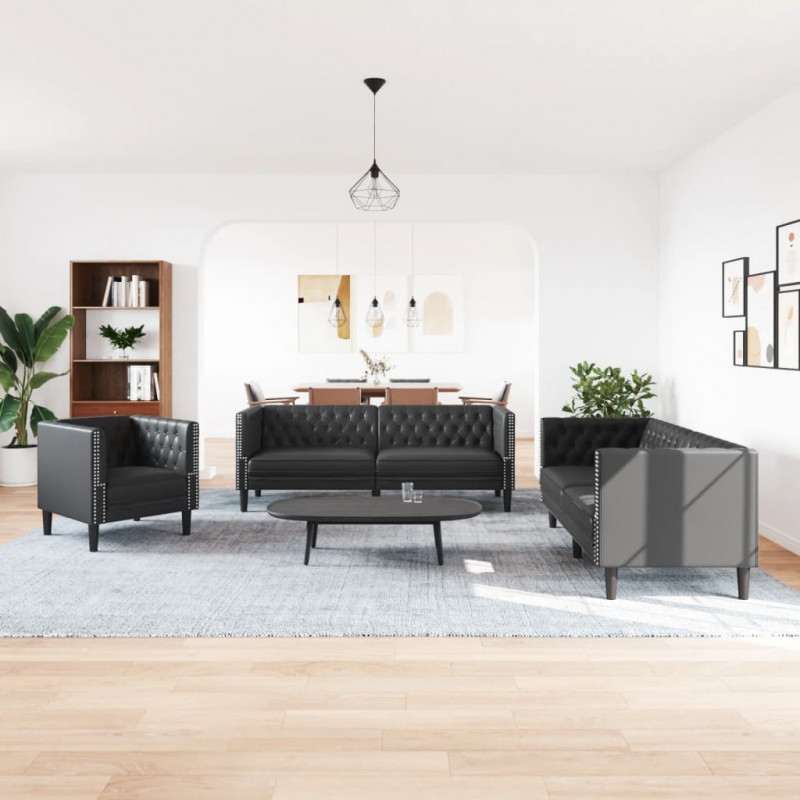 3-cz. zestaw wypoczynkowy Chesterfield, czarny, sztuczna skóra