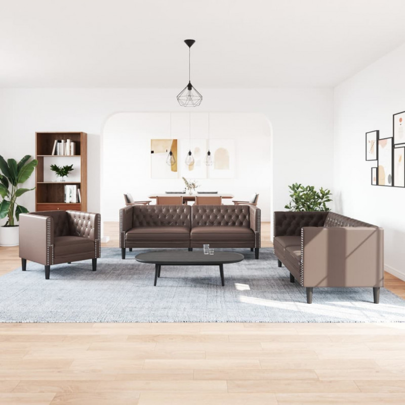 3-cz. zestaw wypoczynkowy Chesterfield, brązowy, sztuczna skóra