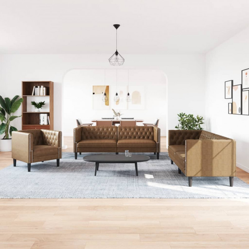 3-cz. zestaw Chesterfield, brązowy, sztuczna skóra zamszowa