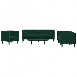3-cz. wypoczynek Chesterfield z wałkami, ciemnozielony, aksamit