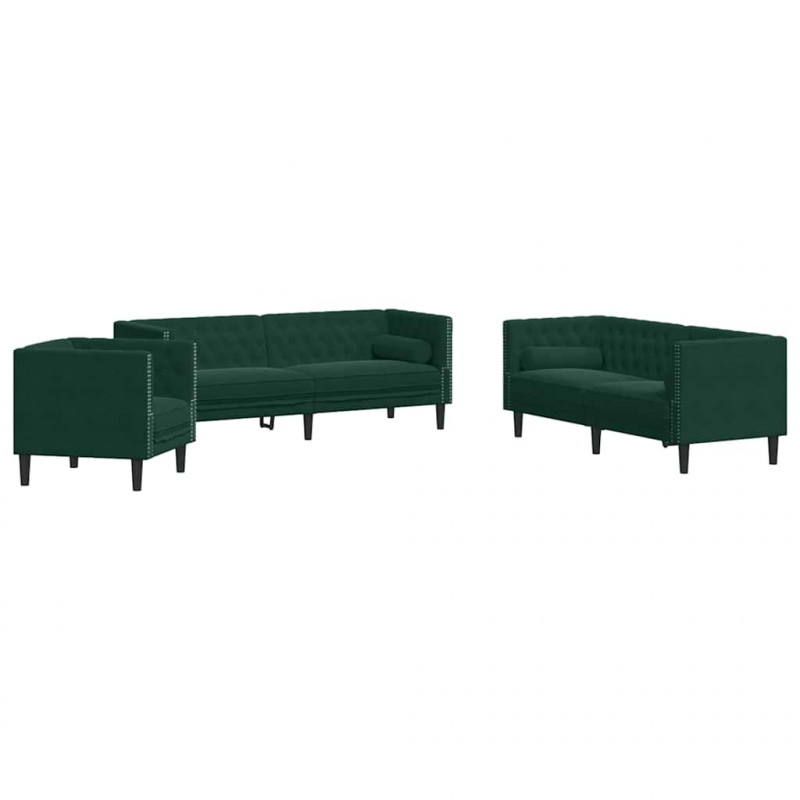 3-cz. wypoczynek Chesterfield z wałkami, ciemnozielony, aksamit