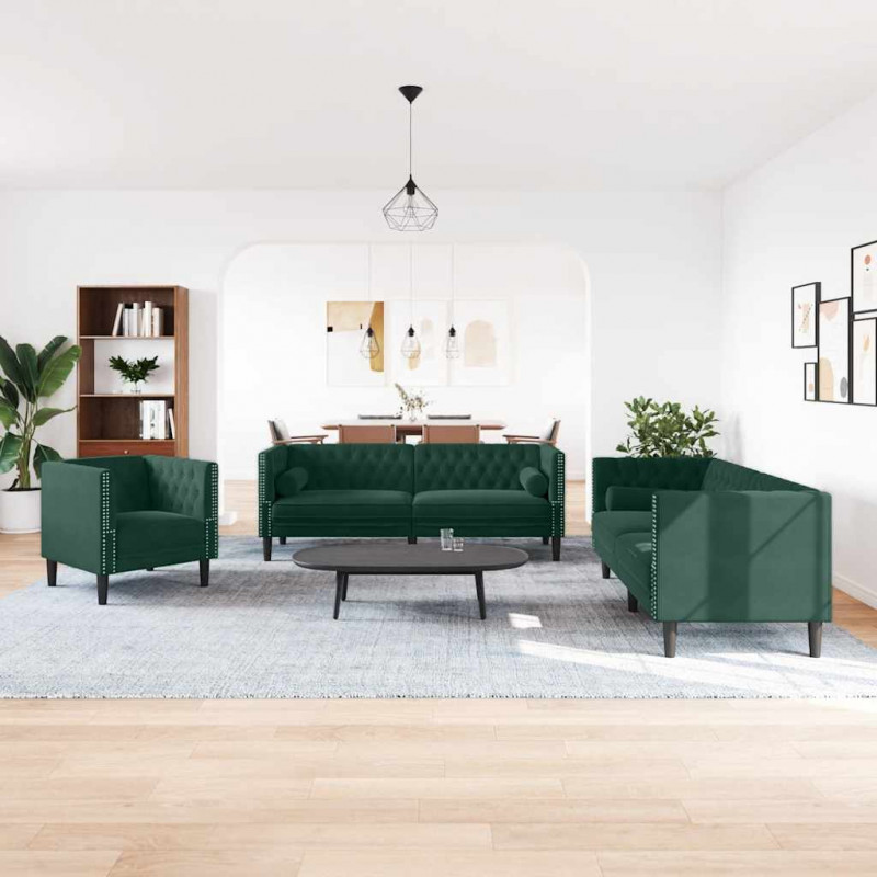 3-cz. wypoczynek Chesterfield z wałkami, ciemnozielony, aksamit