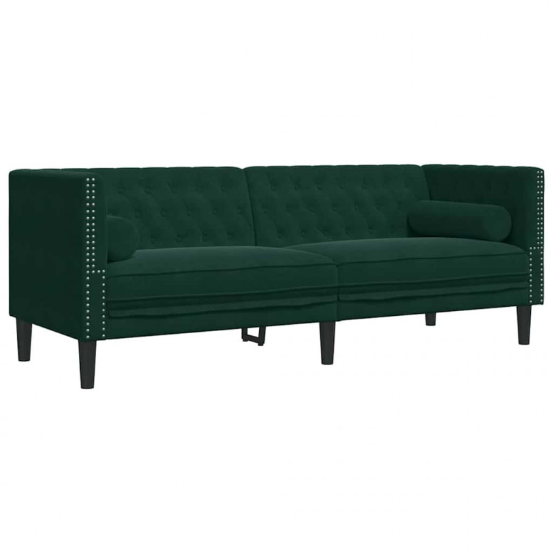 3-cz. wypoczynek Chesterfield z wałkami, ciemnozielony, aksamit