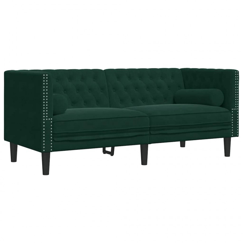 3-cz. wypoczynek Chesterfield z wałkami, ciemnozielony, aksamit