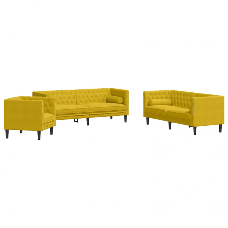 3-cz. wypoczynek Chesterfield z wałkami, żółty, aksamit