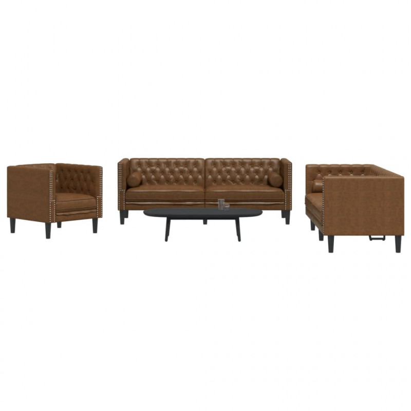 3-cz. wypoczynek Chesterfield z wałkami, brązowy, zamszowy