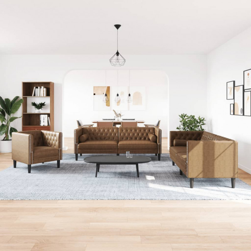 3-cz. wypoczynek Chesterfield z wałkami, brązowy, zamszowy