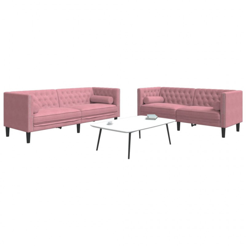 2-cz. wypoczynek Chesterfield z wałkami, różowy, aksamit