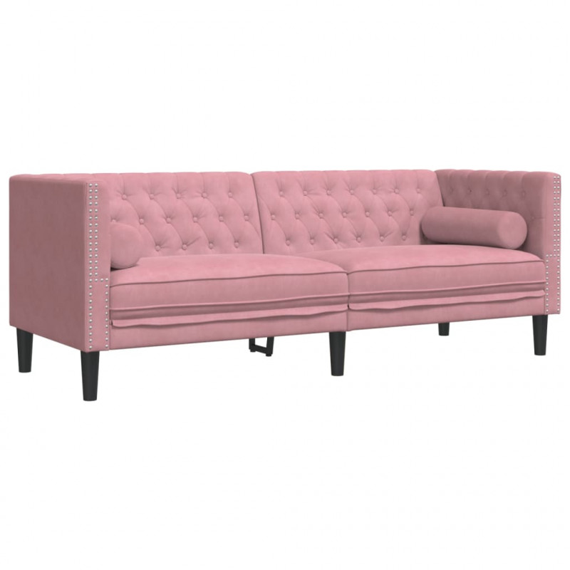2-cz. wypoczynek Chesterfield z wałkami, różowy, aksamit