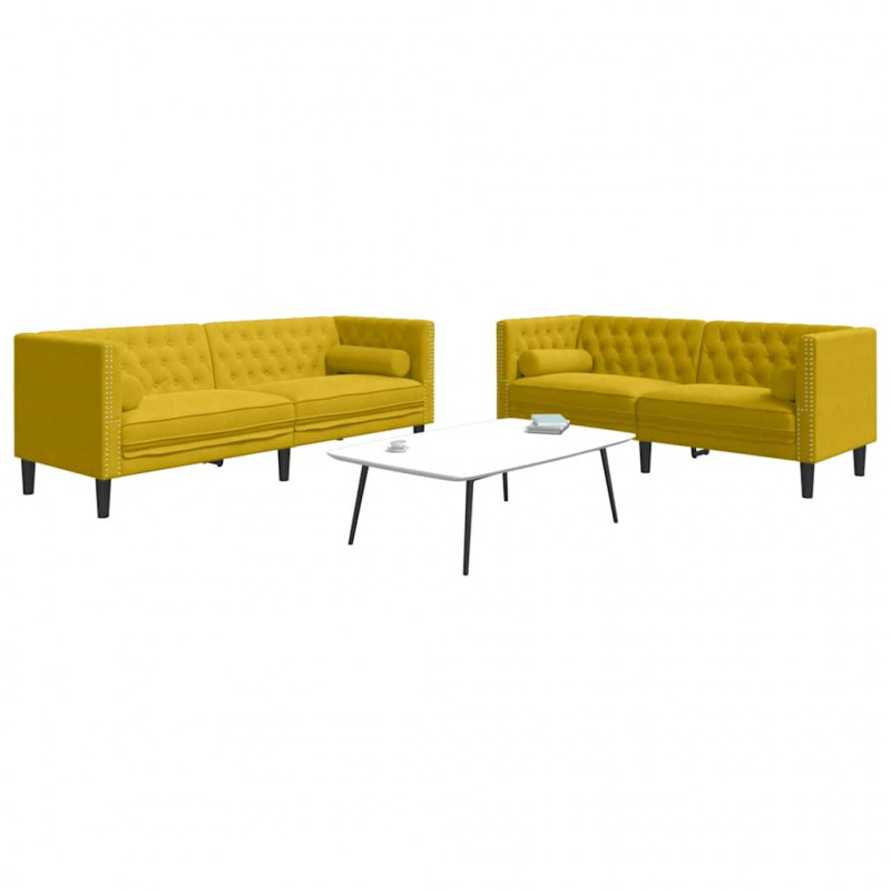 2-cz. wypoczynek Chesterfield z wałkami, żółty, aksamit