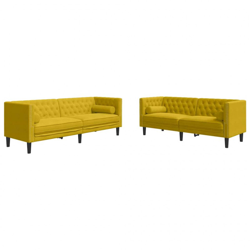 2-cz. wypoczynek Chesterfield z wałkami, żółty, aksamit