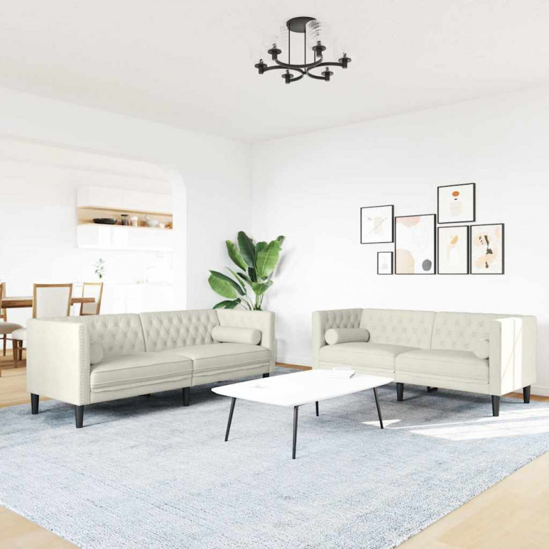 2-cz. wypoczynek Chesterfield z wałkami, kremowy, aksamit