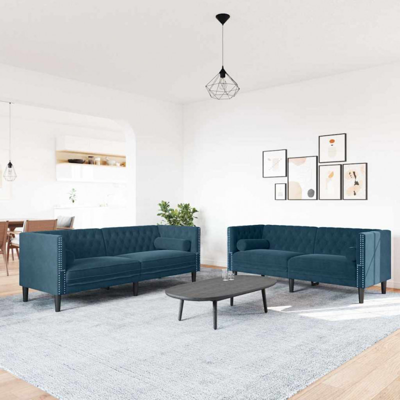 2-cz. wypoczynek Chesterfield z wałkami, niebieski, aksamit