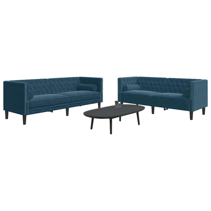2-cz. wypoczynek Chesterfield z wałkami, niebieski, aksamit