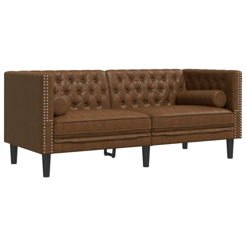 2-cz. wypoczynek Chesterfield z wałkami, brązowy, zamszowy