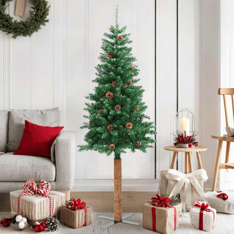 Smukła choinka z drewnem i szyszkami, zielona, 150 cm, PVC