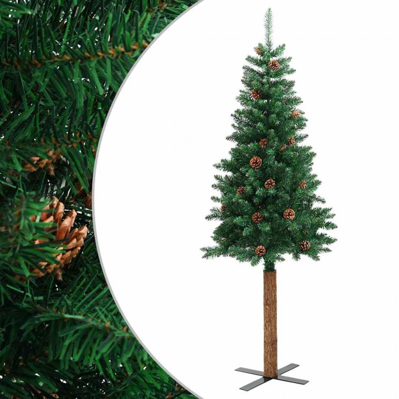 Smukła choinka z drewnem i szyszkami, zielona, 150 cm, PVC