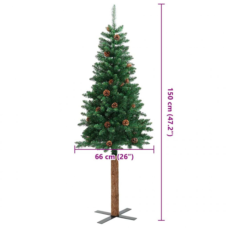Smukła choinka z drewnem i szyszkami, zielona, 150 cm, PVC