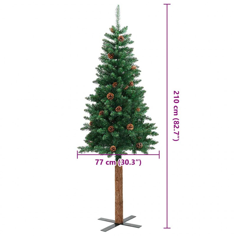 Smukła choinka z drewnem i szyszkami, zielona, 210 cm, PVC