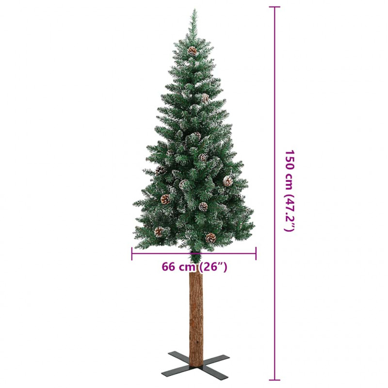 Smukła choinka z drewnem i śniegiem, zielona, 150 cm