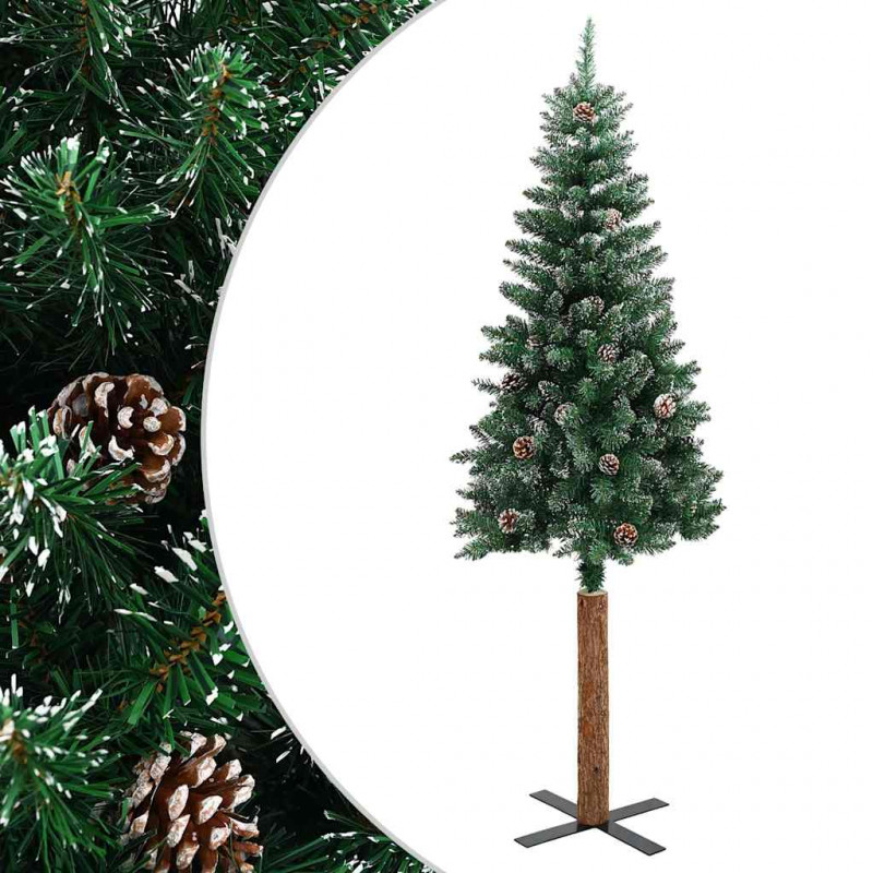 Smukła choinka z drewnem i śniegiem, zielona, 210 cm