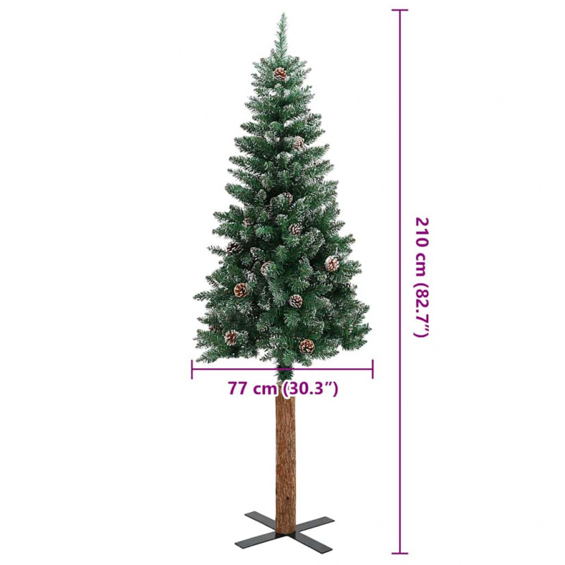 Smukła choinka z drewnem i śniegiem, zielona, 210 cm