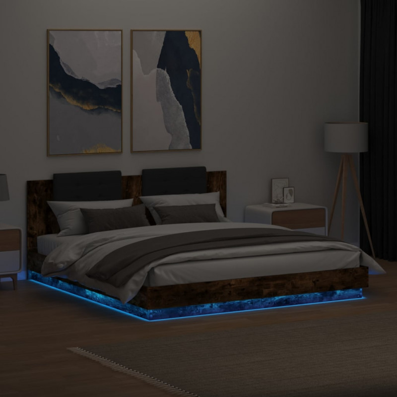 Rama łóżka z wezgłowiem i LED, przydymiony dąb, 200x200 cm