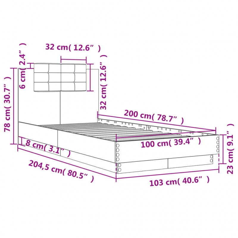 Rama łóżka z wezgłowiem i LED, brązowy dąb, 100x200 cm
