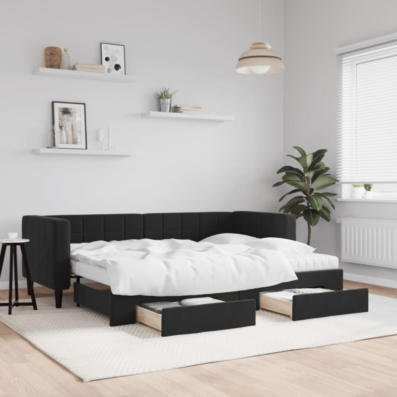 Sofa rozsuwana z szufladami, czarna, 80x200 cm, aksamit