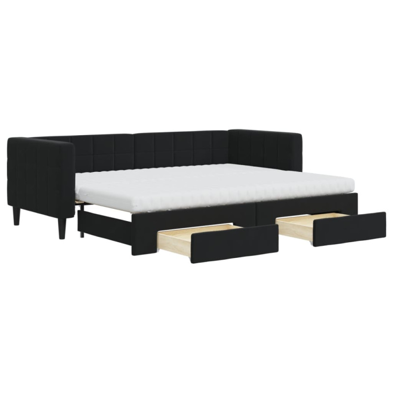 Sofa rozsuwana z szufladami, czarna, 80x200 cm, aksamit