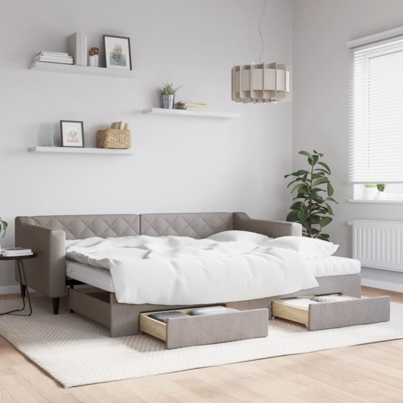 Sofa rozsuwana z szufladami, taupe, 90x200 cm, tkanina