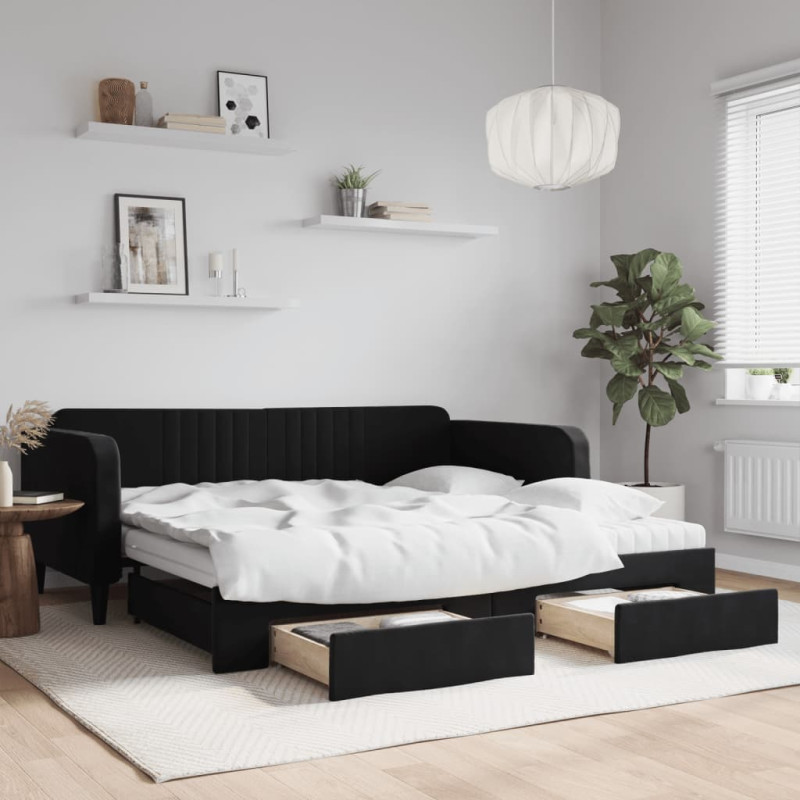 Sofa rozsuwana z szufladami, czarna, 100x200 cm, aksamit