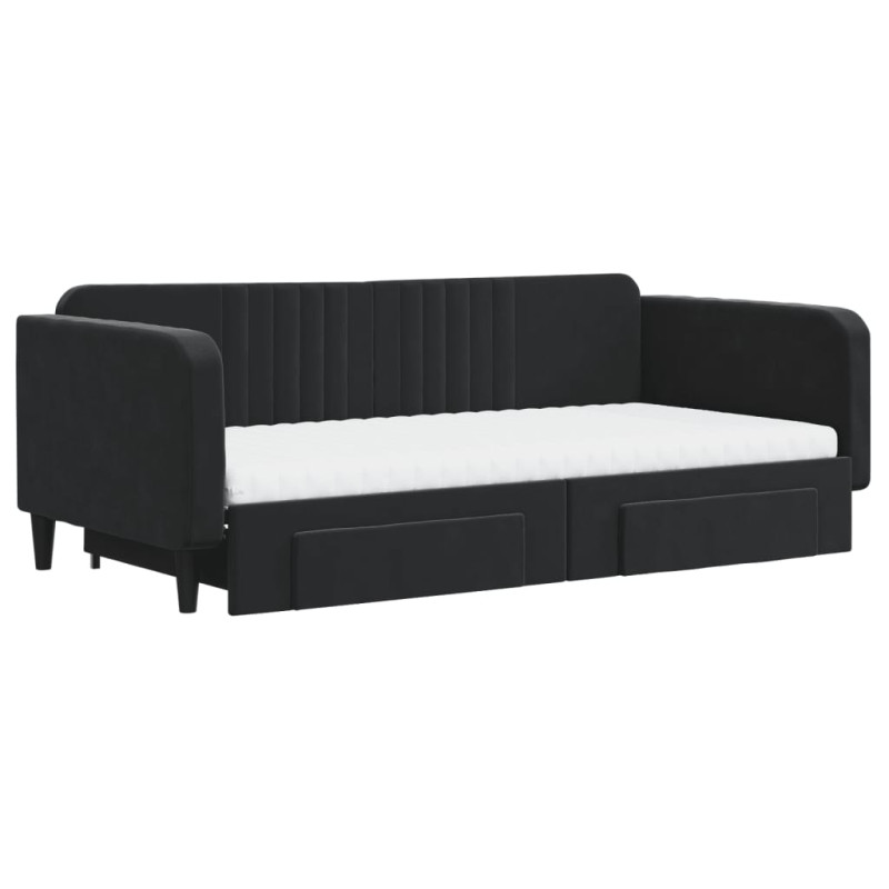 Sofa rozsuwana z szufladami, czarna, 100x200 cm, aksamit
