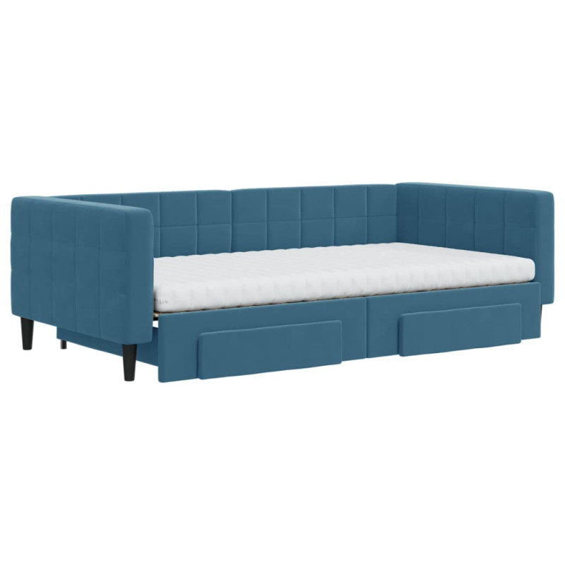 Sofa rozsuwana z szufladami, niebieska, 100x200 cm, aksamit