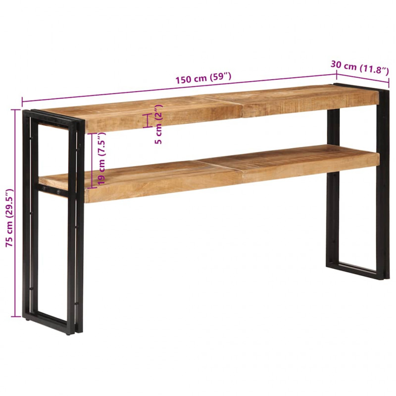 Stolik konsolowy, 150 x 30 x 75 cm, surowe drewno mango