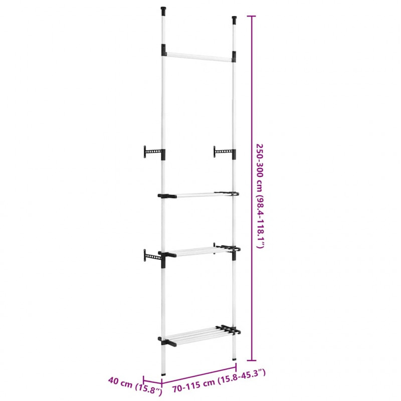 Teleskopowy system z półką i drążkami do garderoby, aluminiowy