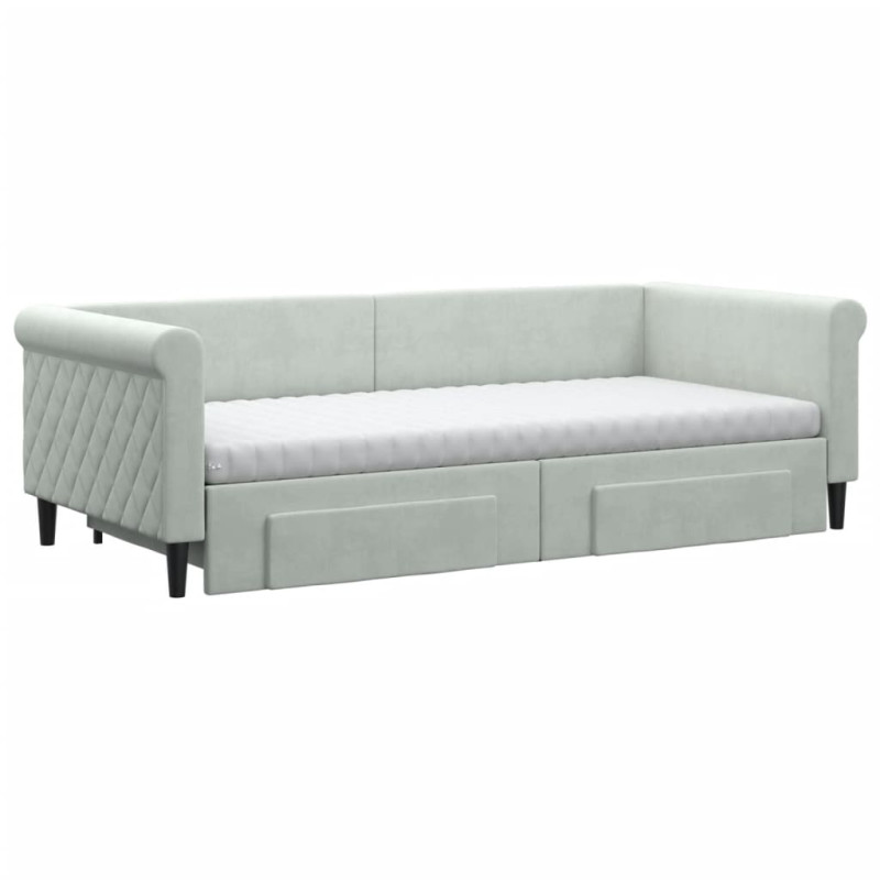 Sofa rozsuwana z szufladami, jasnoszara, 90x200 cm, aksamit