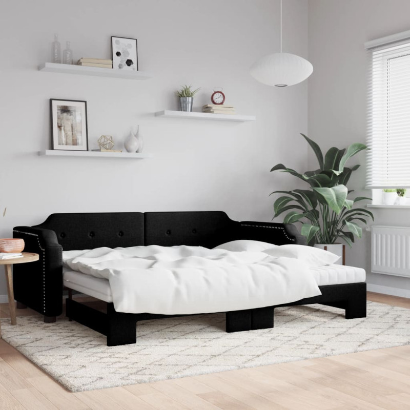 Sofa rozsuwana z materacami, czarna, 90x200 cm, tkanina