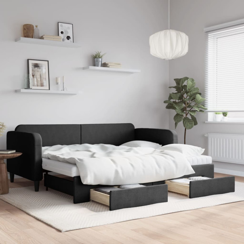 Sofa rozsuwana z szufladami, czarna, 90x200 cm, tkanina