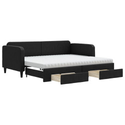 Sofa rozsuwana z szufladami, czarna, 90x200 cm, tkanina