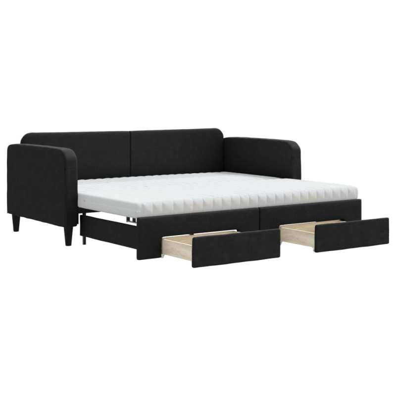Sofa rozsuwana z szufladami, czarna, 90x200 cm, tkanina