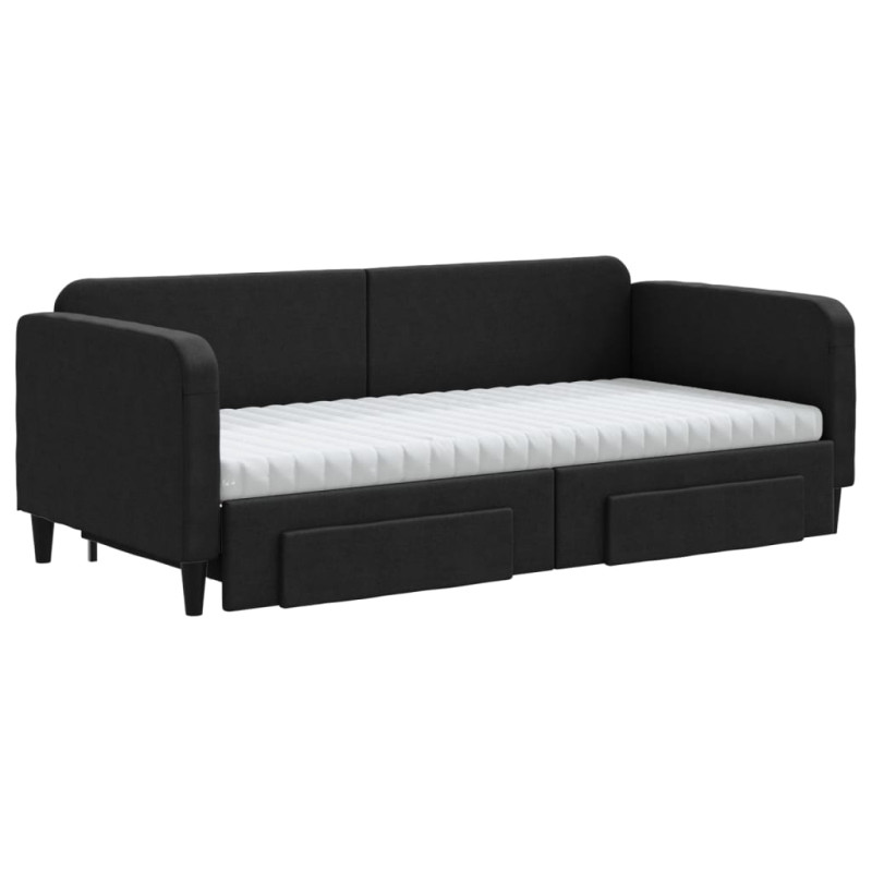 Sofa rozsuwana z szufladami, czarna, 90x200 cm, tkanina